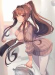  1girl blurry blurry_background breasts brown_eyes brown_hair brown_sweater bucket cleaning_brush closed_mouth eyebrows_visible_through_hair flower hair_between_eyes hair_flower hair_intakes hair_ornament highres holding indoors kantai_collection kasumi_(skchkko) large_breasts long_hair looking_at_viewer official_alternate_costume pants pink_flower ponytail ribbed_sweater scrunchie smile solo sweater very_long_hair white_pants yamato_(kancolle) 
