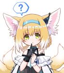  1girl :o ? animal_ears arknights bare_shoulders black_gloves blonde_hair blue_hairband blush braid dress earpiece eyebrows_visible_through_hair finger_to_mouth fox_ears fox_girl fox_tail gloves green_eyes hairband highres id_card index_finger_raised kitara_koichi kitsune looking_at_viewer multicolored_hair multiple_tails open_mouth oripathy_lesion_(arknights) raised_eyebrows simple_background single_glove single_wrist_cuff solo speech_bubble spoken_question_mark streaked_hair suzuran_(arknights) tactical_clothes tail upper_body vest white_background white_dress white_hair white_wrist_cuffs wrist_cuffs 