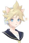  1boy ? animal_ears bass_clef black_collar blonde_hair blue_eyes cat_day cat_ears collar commentary cropped_shoulders headphones headset kagamine_len kemonomimi_mode looking_at_viewer male_focus naoko_(naonocoto) parted_lips sailor_collar simple_background solo speech_bubble spiky_hair spoken_question_mark upper_body vocaloid white_background 