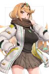  1girl alternate_costume bangs blonde_hair breasts gonzarez headpiece highres jacket large_breasts long_hair mythra_(xenoblade) scarf solo swept_bangs tiara very_long_hair xenoblade_chronicles_(series) xenoblade_chronicles_2 yellow_eyes 