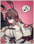  1girl 1other :q absurdres animal_ears april_(arknights) arknights border breasts brown_hair coat comrade_stalin grey_border hair_between_eyes hairband hand_up highres id_card large_breasts locked_arms long_hair looking_at_viewer musical_note out_of_frame pink_background rabbit_ears solo_focus speech_bubble spoken_musical_note spoken_sweatdrop sweatdrop tongue tongue_out upper_body v very_long_hair violet_eyes white_coat 