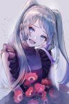  1girl :d absurdres bangs black_dress blue_eyes blue_hair blurry bouquet commentary_request crying crying_with_eyes_open dress flat_chest flower frilled_dress frills grey_background hatsune_miku head_tilt highres holding holding_flower long_hair looking_at_viewer open_mouth parasite_(vocaloid) pipi red_flower sidelocks simple_background sleeveless sleeveless_dress smile solo standing swept_bangs tears turtleneck_dress twintails upper_body vocaloid 