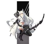  1girl absurdres animal_ear_fluff animal_ears arknights arrow_(projectile) bangs black_footwear black_gloves black_legwear blush boots bow_(weapon) closed_mouth elbow_gloves eyebrows_visible_through_hair full_body gloves gradient gradient_background high-waist_skirt highres holding holding_bow_(weapon) holding_weapon horse_ears knee_boots long_hair looking_at_viewer navel one_knee platinum_(arknights) quiver revealing_clothes sareastars short_shorts short_sleeves shorts silver_hair skirt solo thigh-highs very_long_hair weapon white_shorts yellow_eyes 