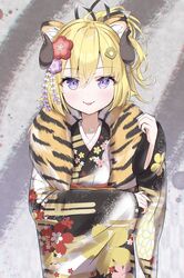  1girl :p ahoge animal_ears animal_print blonde_hair chinese_zodiac eyebrows_visible_through_hair flower fur_scarf furisode hair_flower hair_ornament hairclip highres hololive horns japanese_clothes kanzashi kimono looking_at_viewer mizuhi_kou new_year ponytail sheep_girl sheep_horns short_hair smile solo tiger_ears tiger_girl tiger_print tongue tongue_out tsunomaki_watame violet_eyes virtual_youtuber wide_sleeves year_of_the_tiger 