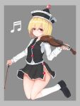  1girl bangs beamed_sixteenth_notes black_footwear black_headwear black_skirt black_vest blonde_hair border bow_(music) closed_mouth eyebrows_visible_through_hair frilled_hat frills full_body grey_background grey_border hat highres holding holding_instrument instrument long_sleeves looking_at_viewer lunasa_prismriver musical_note no_panties sarise0916 shirt short_hair simple_background skirt smile solo thigh-highs touhou vest violin white_legwear white_shirt yellow_eyes 