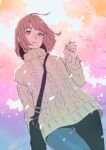  1girl ahoge bag brown_hair cable_knit cherry_blossoms dutch_angle from_below hand_up original pants peco_(pockleberry) pink_eyes short_hair shoulder_bag smile solo sweater tree turtleneck turtleneck_sweater walking 