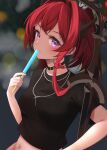  1girl absurdres arknights black_choker black_shirt blurry blurry_background blush breasts choker cross cross_necklace eating food highres holding holding_food horns jewelry long_hair looking_at_viewer medium_breasts navel necklace official_alternate_costume phoeni_ir popsicle redhead shirt short_sleeves smile solo surtr_(arknights) surtr_(liberte_echec)_(arknights) sword upper_body violet_eyes weapon 