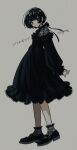  1girl absurdres akiyama_enma bangs black_dress black_hair black_theme blunt_bangs dated dress earrings frills from_side highres jewelry lace lace_trim long_sleeves mary_janes medium_dress original red_eyes shoes short_hair signature smile solo 