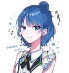  alternate_hairstyle arrow_(symbol) blue_eyes blue_hair blush character_name clover commentary_request half_updo highres kiritani_haruka musical_note project_sekai short_hair sleeveless toco5th uniform white_background 