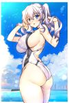  1girl ass blue_eyes blue_sky breasts clouds commentary_request competition_swimsuit cowboy_shot day from_behind highres kantai_collection kashima_(kancolle) large_breasts looking_at_viewer looking_back ocean one-piece_swimsuit outdoors shirokuma_a sideboob sidelocks silver_hair sky solo standing swimsuit twintails wavy_hair white_swimsuit 