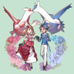  1boy 1girl :d alternate_costume bangs belt_buckle blue_headwear brendan_(pokemon) brown_hair buckle chinese_commentary commentary_request eye_contact eyelashes gloves grey_eyes hair_ornament hat holding_hands huan_li latias latios looking_at_another may_(pokemon) medium_hair official_alternate_costume open_mouth pants pokemon pokemon_(game) pokemon_masters_ex pokemon_oras shoes short_hair smile spiky_hair tailcoat tongue top_hat white_pants 