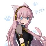  1girl animal_ears armband black_shirt blue_eyes breasts cat_day cat_ears cat_tail commentary detached_sleeves gold_trim headphones headset highres kemonomimi_mode light_blush light_frown lilin_1204 long_hair looking_at_viewer medium_breasts megurine_luka paw_print paw_print_background pink_hair shirt short_sleeves solo tail upper_body v-shaped_eyebrows vocaloid white_background 