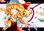  ascot blonde_hair bow crystal fang flandre_scarlet frilled_shirt frilled_shirt_collar frilled_sleeves frills hat hat_ribbon highres medium_hair mob_cap one_side_up puffy_short_sleeves puffy_sleeves qqqrinkappp red_bow red_eyes red_ribbon red_skirt red_vest ribbon shirt short_sleeves skirt touhou traditional_media vest white_shirt wings 