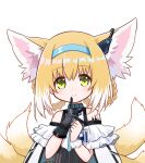  1girl animal_ears arknights bare_shoulders black_gloves blonde_hair blue_hairband blush braid dress earpiece eyebrows_visible_through_hair finger_to_mouth fox_ears fox_girl fox_tail gloves green_eyes hairband highres id_card index_finger_raised kitara_koichi kitsune looking_at_viewer multicolored_hair multiple_tails oripathy_lesion_(arknights) raised_eyebrows simple_background single_glove single_wrist_cuff smile solo streaked_hair suzuran_(arknights) tactical_clothes tail upper_body vest white_background white_dress white_hair white_wrist_cuffs wrist_cuffs 
