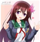  1girl blue_jacket brown_hair crescent crescent_pin dated green_sailor_collar hair_ornament highres jacket kantai_collection kisaragi_(kancolle) kisaragi_kai_ni_(kancolle) kisaragi_mizuto long_hair looking_at_viewer neckerchief one-hour_drawing_challenge red_neckerchief sailor_collar school_uniform serafuku smile solo twitter_username violet_eyes 