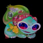  aquiboni bandana black_background bulbasaur english_text fang flower handkerchief highres holding holding_flower looking_at_viewer no_humans open_mouth pokemon pokemon_(creature) sticker sunglasses watermark 