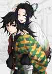  1boy 1girl black_hair blue_eyes carrying closed_eyes forehead hamiko_(hakogardenmiko) highres kimetsu_no_yaiba kochou_shinobu multicolored_hair piggyback purple_hair tomioka_giyuu 