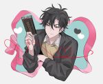  1boy black_hair black_jacket brown_eyes candy cheng_xiaoshi chocolate chocolate_bar closed_mouth food heart holding holding_chocolate holding_food jacket long_sleeves looking_at_viewer male_focus mr_yheu pink_ribbon ribbon shiguang_dailiren shirt short_hair simple_background smile solo string string_of_fate sweater_vest white_background white_shirt 
