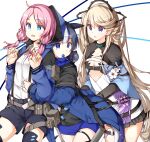  3girls arknights bangs blue_eyes blue_hair blue_jacket blue_poison_(arknights) blush brown_hair candy elite_ii_(arknights) eyebrows_visible_through_hair food food_in_mouth glaucus_(arknights) hair_bun hair_ornament hasumi_takashi highres hood hooded_jacket hug hug_from_behind id_card indigo_(arknights) infection_monitor_(arknights) jacket lollipop long_hair long_sleeves low_twintails medium_hair miniskirt multicolored_hair multiple_girls open_clothes open_collar open_jacket parted_lips pink_hair pointy_ears shirt shorts shrug_(clothing) skirt streaked_hair suspender_shorts suspenders tail test_tube thigh-highs twintails very_long_hair violet_eyes white_shirt 