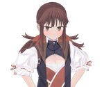  1girl bangs blush brown_hair closed_mouth commentary_request dress falcon_(girls&#039;_frontline) girls_frontline long_hair red_eyes ribbon saiy0u sidelocks simple_background solo upper_body white_background 
