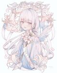  1boy absurdres androgynous angel angel_wings bandages bandaid double_halo flower grey_eyes halo highres looking_at_viewer male_focus niufog original pale_skin pastel_colors short_hair white_hair white_theme wings 