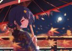  1girl absurdres autumn_leaves black_hair blurry blurry_background blurry_foreground floral_print flower from_behind hair_bun hair_flower hair_ornament highres idolmaster idolmaster_shiny_colors japanese_clothes kimono leaf looking_at_viewer looking_back maple_leaf morino_rinze night night_sky oil-paper_umbrella print_kimono railing red_eyes short_hair sky solo umbrella yamato_cogane 