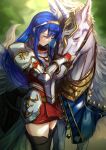  1girl armor armored_dress black_gloves blue_hair boots caeda_(fire_emblem) closed_eyes dress elbow_gloves eyebrows_visible_through_hair feathered_wings fingerless_gloves fire_emblem fire_emblem:_mystery_of_the_emblem gloves hairband highres horns horse ippers long_hair looking_down pegasus pegasus_knight_uniform_(fire_emblem) red_dress simple_background single_horn smile solo thigh-highs thigh_boots very_long_hair winged_unicorn wings zettai_ryouiki 