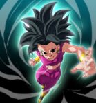  1girl black_eyes black_hair boots breasts charging_forward clenched_hand crop_top dragon_ball dragon_ball_super earrings jewelry kefla_(dragon_ball) looking_at_viewer midriff navel pants potara_earrings reaching_out rom_(20) solo spiky_hair 