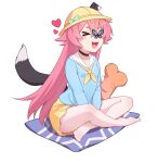  &gt;_&lt; 1girl :d absurdres animal_ears bangs blue_butterfly blue_shirt bug butterfly closed_eyes dog_ears dog_tail full_body highres honkai_(series) honkai_impact_3rd indian_style long_hair open_mouth pillow pink_hair rozaliya_olenyeva sailor_collar shirt sitting skirt smile solo tail thigh-highs white_legwear xiang_he_he_qunzi yellow_headwear yellow_skirt younger 