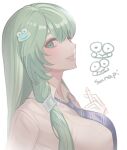  1girl :&gt; alternate_costume bangs between_fingers blurry breasts depth_of_field eyebrows_behind_hair frog_hair_ornament green_eyes green_hair ha_ang hair_between_eyes hair_ornament hair_tubes hand_up highres holding holding_pencil kochiya_sanae large_breasts light_smile long_hair looking_at_viewer one_eye_closed parted_lips pencil profile sidelocks sideways_glance simple_background solo touhou upper_body white_background 