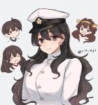  4girls akagi_(kancolle) bangs black_hair breasts brown_hair buttons closed_eyes commentary_request earrings female_admiral_(kancolle) grey_background grey_eyes hair_between_eyes hat headgear japanese_clothes jewelry kaga_(kancolle) kantai_collection kongou_(kancolle) long_hair looking_at_viewer military military_hat military_uniform multiple_girls open_mouth peaked_cap rin_(rin_niji) side_ponytail simple_background smile twitter_username uniform upper_body wavy_hair white_headwear 