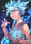 1boy aura child electricity fighting_stance glowing glowing_eyes hankuri hunter_x_hunter killua_zoldyck lightning looking_to_the_side male_focus powering_up shirt shoes short_hair shorts sneakers solo spiky_hair upper_body 