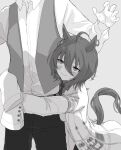  1boy 1girl absurdres agnes_tachyon_(umamusume) ahoge animal_ears blush clinging commentary_request cork dress_shirt furrowed_brow greyscale head_out_of_frame highres horse_ears horse_girl horse_tail hug kotonari_seesaa labcoat long_sleeves looking_up medium_hair monochrome necktie shirt sleeves_past_fingers sleeves_past_wrists smile sweat sweating_profusely tail test_tube trainer_(umamusume) umamusume vest_over_shirt waist_hug 