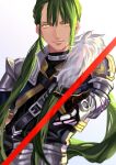  1other ambiguous_gender androgynous armor cu_chulainn_(fate) cu_chulainn_(fate/prototype) enkidu_(fate) fate/grand_order fate_(series) full_armor fur_trim gae_bolg_(fate) gradient gradient_background green_hair highres kuzen light_smile long_hair long_sleeves polearm smile solo spear weapon white_background yellow_eyes 