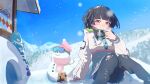  1girl bangs black_hair black_pants blue_sky blunt_bangs brown_eyes commentary_request day gloves highres idolmaster idolmaster_shiny_colors jacket knees_up long_hair looking_at_viewer mayuzumi_fuyuko mountain outdoors pants sitting sky snow snowman solo two_side_up yamato_cogane 