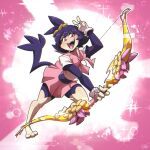  1girl animaniacs black_hair blush bow bow_(weapon) dot_warner eyebrows_visible_through_hair fangs full_body furry furry_female gloves highres holding holding_bow_(weapon) holding_weapon looking_at_viewer open_mouth pink_bow pink_eyes pink_skirt pleated_skirt ryou_sakai short_hair skirt smile solo teeth upper_teeth v weapon white_gloves 