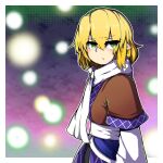  1girl bangs blonde_hair blurry blurry_background border closed_mouth eyebrows_visible_through_hair from_side green_eyes hair_between_eyes highres hurin_raika looking_at_viewer mizuhashi_parsee multicolored_clothes pointy_ears scarf short_hair short_sleeves solo standing touhou upper_body white_border white_scarf 