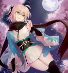  1girl :t absurdres ahoge arm_guards black_bow black_legwear black_scarf blonde_hair bow cherry_blossoms crimsonknigh_t dango dutch_angle fate/grand_order fate_(series) food full_moon haori highres japanese_clothes kimono moon night night_sky obi okita_souji_(fate) sash scarf short_hair short_kimono sky sleeveless sleeveless_kimono smileeating thigh-highs thighs wagashi white_kimono wide_sleeves 