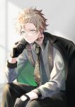 1boy black_gloves blonde_hair blue_eyes closed_mouth cover ensemble_stars! gloves highres jacket kindo looking_at_viewer male_focus multicolored_hair multiple_boys necktie ryuuseitai_(ensemble_stars!) shadow simple_background smile streaked_hair sunglasses takamine_midori twitter_username wall 