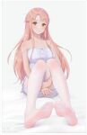  1girl absurdres artist_name asuna_(sao) bangs bare_shoulders bed_sheet blush border braid breasts brown_eyes brown_hair closed_mouth commentary_request feet full_body highres hugging_own_legs knees_up large_breasts long_hair looking_at_viewer no_shoes pajamas pantyhose qizhu shirt sitting smile soles solo spaghetti_strap strap_slip sword_art_online very_long_hair white_background white_legwear white_shirt 