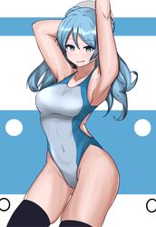  1girl absurdres arm_behind_back arm_up black_legwear blue_eyes blue_hair breasts collarbone competition_swimsuit cowboy_shot double_bun eyebrows_visible_through_hair hair_between_eyes hat highres kantai_collection large_breasts looking_at_viewer one-piece_swimsuit open_mouth sailor_hat solo swimsuit thigh-highs tokiwa_senkei two-tone_background two-tone_swimsuit urakaze_(kancolle) 