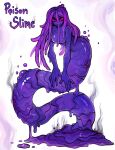 1girl absurdres breasts bubble core english_commentary english_text evil_eyes evil_grin evil_smile full_body grin hair_between_eyes highres lamia long_hair looking_at_viewer matilda_fiship monster_girl original purple_slime slime_girl small_breasts smile smoke_trail solo violet_eyes white_background 