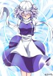  1girl bangs blue_dress bmkro closed_eyes closed_mouth dress highres letty_whiterock long_hair long_sleeves purple_hair scarf signature smile solo touhou white_headwear white_scarf 