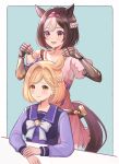  2girls animal_ears blonde_hair blue_ribbon brown_eyes brown_hair commentary_request company_connection cosplay costume_switch cowboy_shot djeeta_(granblue_fantasy) djeeta_(granblue_fantasy)_(cosplay) dress gauntlets granblue_fantasy hairband highres holding holding_clothes horse_ears horse_girl horse_tail multiple_girls pink_dress pink_hairband purple_sailor_collar ribbon sailor_collar school_uniform serafuku short_hair sidelocks special_week_(umamusume) special_week_(umamusume)_(cosplay) standing tail takanishi_takashi tracen_school_uniform umamusume violet_eyes winter_uniform 