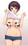  1girl animal_print bikini blue_shorts blush breasts brown_eyes brown_hair clothes_lift cow_print eyepatch_bikini idolmaster idolmaster_cinderella_girls large_breasts lifted_by_self long_hair navel oikawa_shizuku open_mouth print_bikini shirt shirt_lift short_hair short_shorts shorts solo swimsuit thighs tomajiyama white_bikini white_shirt 