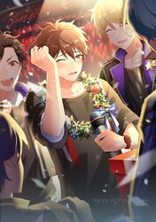  5boys blonde_hair blue_eyes blue_hair blush brown_eyes brown_hair closed_eyes dated english_text ensemble_stars! flower gift happy_birthday highres jacket kindo looking_at_viewer male_focus microphone morisawa_chiaki multiple_boys open_mouth purple_hair red_eyes redhead ryuuseitai_(ensemble_stars!) short_hair simple_background smile steering_wheel takamine_midori tears white_background 