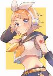  1girl blonde_hair blue_eyes blush bow_hairband breasts chiro_(chi-bu-ko) crop_top hairband headphones highres kagamine_rin looking_at_viewer multicolored_background pale_skin short_sleeves small_breasts vocaloid white_background yellow_background 