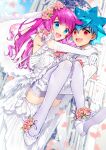  1boy 1girl :d blue_eyes blue_hair bridal_veil carrying dress elbow_gloves fang flower formal frills gloves hair_flower hair_ornament highres kamijou_tatsuhisa kirishima_romin long_hair pink_hair princess_carry red_eyes satoimo_(3311_mi) skin_fang sleeveless sleeveless_dress smile suit thigh-highs tuxedo veil wedding wedding_dress white_legwear white_suit yu-gi-oh! yu-gi-oh!_sevens zettai_ryouiki 