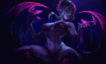  1girl bangs biting black_background black_skin breasts claws colored_skin evelynn_(league_of_legends) glowing glowing_eyes hair_between_eyes hands_up highres large_breasts league_of_legends lip_biting long_hair looking_at_viewer navel pink_hair purple_skin shiny shiny_skin short_hair smile solo squatting stootato_(crownsforkings) thigh-highs 