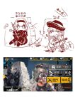  8_ni against_wall an-94 an-94_(silent_rouge)_(girls&#039;_frontline) an-94_(the_diving_bell_and_the_doll)_(girls&#039;_frontline) assault_rifle bandaged_leg bandages bangs bard black_hairband blood blood_in_hair blue_eyes bodysuit brown_hair chibi chinese_commentary chinese_text commentary_request diving_suit duoyuanjun earrings eyebrows_visible_through_hair fx-05_(girls&#039;_frontline) gameplay_mechanics girls_frontline grey_hair guitar gun hairband half-closed_eyes highres holding holding_instrument holding_weapon injury instrument jewelry jitome knees_to_chest knees_up looking_at_another looking_to_the_side miyazaki_byou music one_knee pantyhose parted_lips playing_instrument rifle road_sign rubble ruins screencap_inset sign singing sitting sketch torn_bodysuit torn_clothes torn_legwear translation_request triangle_earrings weapon wetsuit white_background 